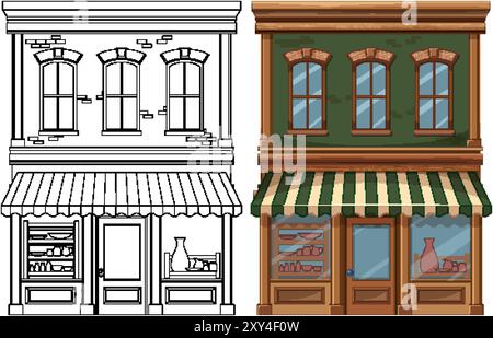 Versions couleur et contour d'une vitrine vintage Illustration de Vecteur