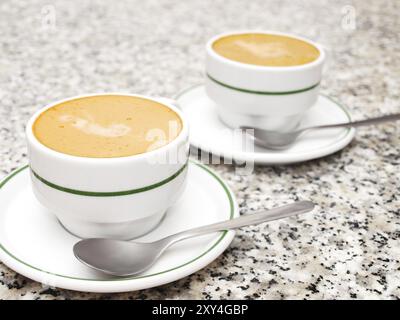 Couple de tasses à cappuccino, avec de la mousse, sur des assiettes blanches et des cuillères à thé sur une table en pierre Banque D'Images