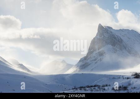 Neige dérivante dans la vallée de Stuor Reaiddavaggi, Kebnekaisefjaell, Norrbotten, Laponie, Suède, mars 2014, Europe Banque D'Images