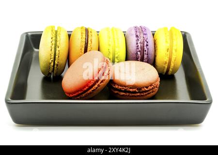 Rangée de macarons dans une plaque noire sur fond blanc Banque D'Images