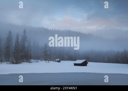 Vieilles cabanes dans la forêt alpine brumeuse d'hiver, Allemagne, Europe Banque D'Images