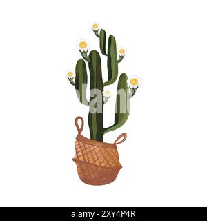 Cactus dans un panier en osier. Plantes pour la maison. Floriculture. Décoration intérieure. Illustration d'aquarelle isolée sur fond blanc. Clipart. Banque D'Images