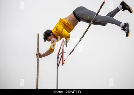 Joshua STALLBAUM (TSV Schmiden), ALLEMAGNE, Pole Vault Men PER, Leichtathletik, Athlétisme, Championnats du monde d'athlétisme U20 Lima 24, Leichtathletik Weltmeisterschaften, 26.08.2024, Foto : Eibner-Pressefoto/Jan Papenfuss Banque D'Images