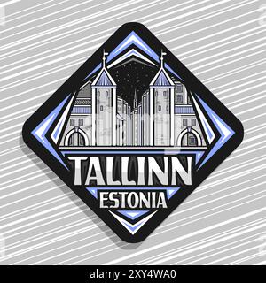 Logo vectoriel pour Tallinn, panneau de route en losange sombre avec illustration de la célèbre porte viru dans les murs de tallinn sur fond de ciel nocturne, urbain décoratif Illustration de Vecteur