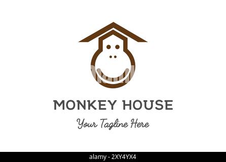 Simple minimaliste drôle visage de tête de singe mignon avec House Roof logo Design Vector Illustration de Vecteur