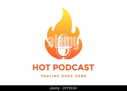 Moderne simple Orange Fire Flame avec microphone pour Podcast Radio Recording Studio logo Design Vector Illustration de Vecteur