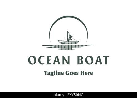 Vintage rétro Sunset Moon avec Dhow Ship Lake River Creek Ocean logo Design Vector Illustration de Vecteur