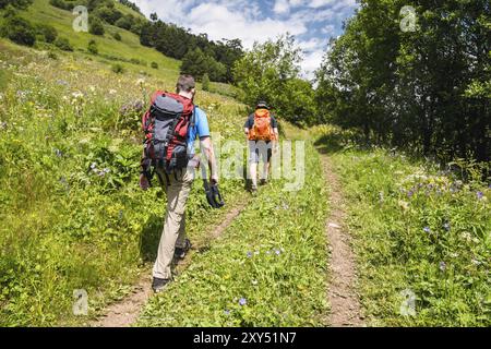 Portrait d'un groupe de touristes avec des sacs à dos escaladant une montagne sur fond de sommets enneigés et de pentes verdoyantes en été Banque D'Images