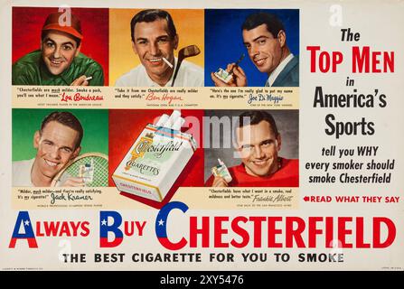 1950's Sports Greats 'Chesterfield' Advertising Broadside feat Ben Hogan, Jack Kramer, Lou Boudreau, Frankie Albert et Joe DiMaggio Banque D'Images