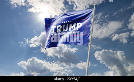 Donald Trump 2024 drapeaux de campagne présidentielle agitant avec des drapeaux américains agitant ensemble. Élection présidentielle américaine de 2024 Banque D'Images