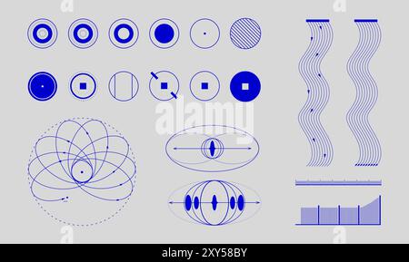 Les formes géométriques, y compris les cercles, les carrés, les lignes et les courbes, disposés en grille. Formes d'onde complexes et diagrammes de force Illustration de Vecteur