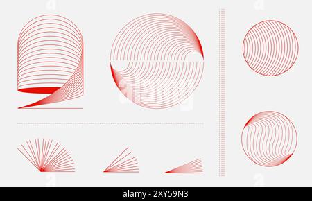 Série de formes géométriques rouges, y compris des lignes courbes, des cercles et des rayons, disposées en forme de grille. Illustration de Vecteur