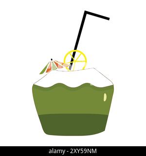 Graphiques vectoriels de noix de coco verte, icône Young Coconut Water. Cocktail de noix de coco d'été. Illustration vectorielle de fruits exotiques tropicaux dans un style plat. Illustration de Vecteur