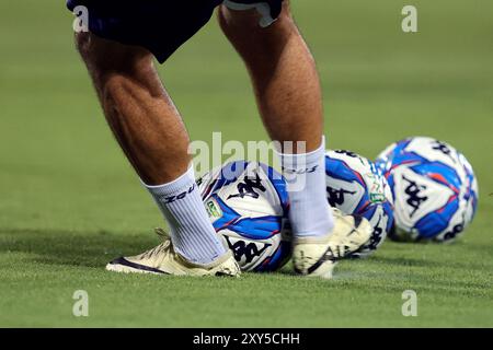 Frosinone, Italie. 27 août 2024. L'entraîneur sportif lance le ballon avant le match de Serie B entre Frosinone Calcio et Modena FC au Stadio Benito Stirpe à Frosinone, en Italie. Crédit : FEDERICO PROIETTI Banque D'Images