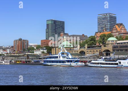 Hambourg, Allemagne, 26 juillet 2018 : vue sur la ville de l'Elbe avec port, bateaux et maisons, Europe Banque D'Images