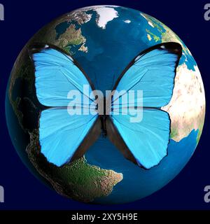 Blue Morpho papillon assis sur le dessus du globe terrestre modèle 3D photo-illustration conceptuelle concept d'environnement et d'écologie Banque D'Images