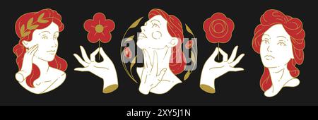 Botanical antique femme fleur sculpture beauté concept de soin de la peau contour icône set vecteur illustration plate. Beau buste féminin portrait floral l Illustration de Vecteur