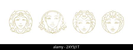 Botanical Blossom fleur beauté femme visage cercle minimal ligne art icône set illustration vectorielle. Portrait féminin élégant avec fleur organique naturelle fl Illustration de Vecteur