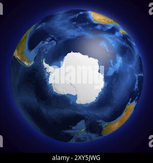 Vue du globe terrestre depuis l'espace montrant la région Antarctique. Isolé sur fond bleu foncé Banque D'Images