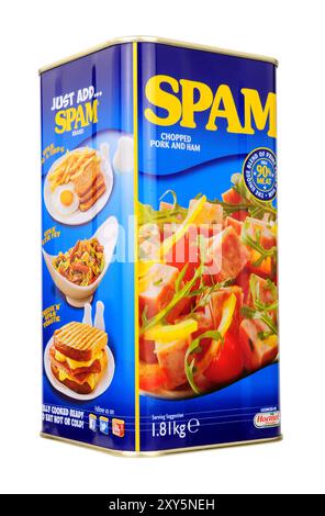 Stockport, Royaume-Uni, le 26 janvier 2024, Spam haché porc et jambon paquet traiteur dans une boîte de 1,81 kg Banque D'Images