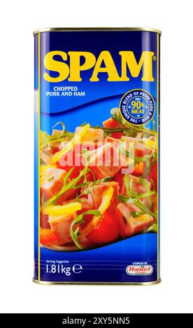 Stockport, Royaume-Uni, le 26 janvier 2024, Spam haché porc et jambon paquet traiteur dans une boîte de 1,81 kg Banque D'Images