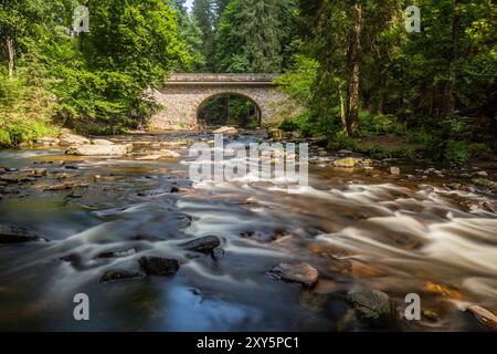 Pont de pierre sur la rivière Divoka Orlice à Zemska brana, République tchèque Banque D'Images