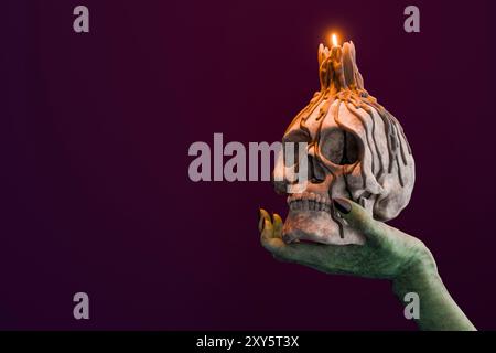 Main de zombie tenant un crâne avec une bougie allumée sur le dessus, goutte à goutte de cire, sur un fond violet. rendu 3d. Banque D'Images