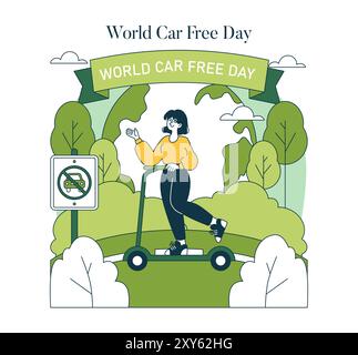 Concept World car Free Day. Transport respectueux de l'environnement célébré avec une personne joyeuse sur un scooter, une végétation luxuriante et un panneau sans voiture. Illustration vectorielle. Illustration de Vecteur