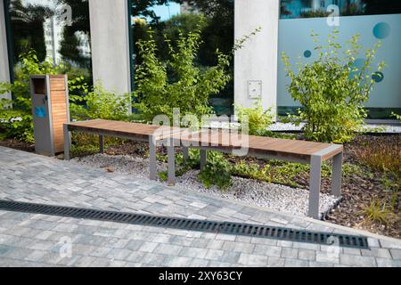 Vue en perspective du chemin pavé avec pelouse verte, herbe décorative et bancs en bois modernes devant des bacs de gabion en fil de fer et remplis de Banque D'Images