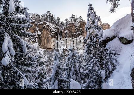 Vue hivernale d'un rocher skaly Prachovske dans la région de Cesky raj (Paradis tchèque), République tchèque Banque D'Images