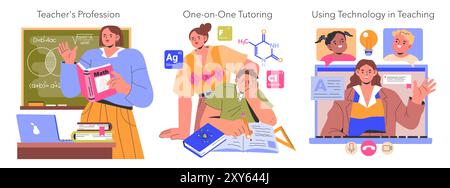 Kit d'éducation. Enseignement en classe, tutorat personnalisé et apprentissage numérique. Transmettre des connaissances en utilisant diverses méthodes. Pédagogie moderne. Illustration vectorielle. Illustration de Vecteur