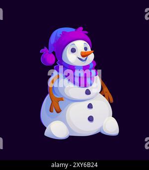 Personnage de bonhomme de neige de Noël de dessin animé habillé d'un chapeau violet vibrant et d'une écharpe avec un nez de carotte et des bras de brindilles. Le personnage de vacances d'hiver vecteur isolé respire la chaleur et l'esprit festif saisonnier Illustration de Vecteur