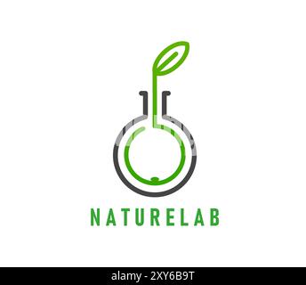 Icône de laboratoire de la nature ou feuille verte dans le flacon de laboratoire pour les produits bio organiques, emblème vecteur. Feuille de plante verte dans l'icône de tube à essai de laboratoire pour la société de production écologique, les soins de santé ou le badge de pharmacie Illustration de Vecteur