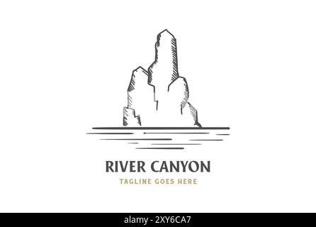 Vintage Rock Stone Canyon Cliff avec River Creek Lake logo Design Vector Illustration de Vecteur