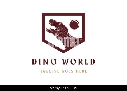 Vintage rétro Angry Roaring Tyrannosaurus avec Planet Shield logo Design Vector Illustration de Vecteur