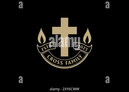 Vintage Jesus Christian Cross avec ruban badge Emblem Label pour Church Chapel logo Design Vector Illustration de Vecteur