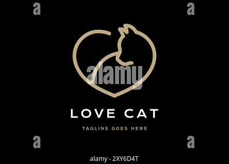 Simple minimaliste Love Heart Cat Tail Monogram Line logo Design Illustration de Vecteur