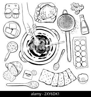 Décrire l'ensemble d'éléments de conception de recettes de cuisson. Ingrédients de pâtisserie, geste de cuisson, vaisselle et accessoires, farine, oeufs, beurre, sucre et crème. Noir Illustration de Vecteur