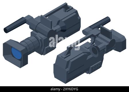 Caméra vidéo numérique professionnelle isométrique. La caméra vidéo avec le microphone isolé sur blanc, concept de technologie, moderne, divertissement. Illustration de Vecteur