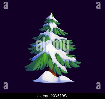 Dessin animé Noël sapin couvert de neige. Le sapin vectoriel a des branches vertes luxuriantes avec une généreuse couche de neige blanche, la plante d'épinette forestière festive évoque une atmosphère de vacances de Noël confortable Illustration de Vecteur