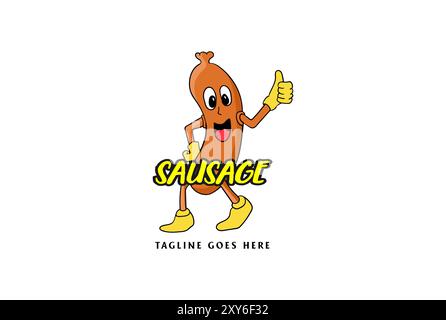 Drôle de sourire saucisse Cartoon Mascot personnage pour le vecteur de conception de logo de produit alimentaire Illustration de Vecteur