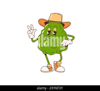 Personnage de bergamote groovy de dessin animé rétro avec une expression détendue, portant un chapeau et des baskets, et faisant un signe de paix. Le fruit tropical vert kaffir vecteur isolé dégage une ambiance amusante et nostalgique Illustration de Vecteur