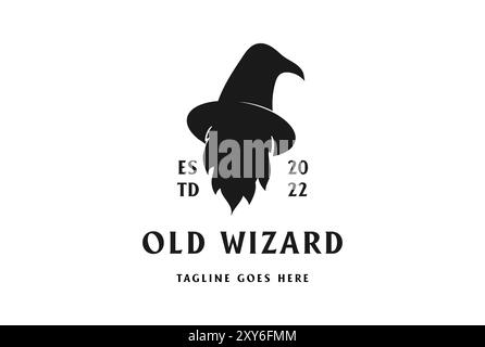 Vintage rétro vieux visage de barbe avec chapeau Wizard pour Magic logo Design Vector Illustration de Vecteur