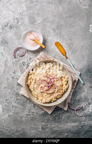 Tartinade au thon et aux œufs maison, rillettes de poisson aux oignons rouges Banque D'Images