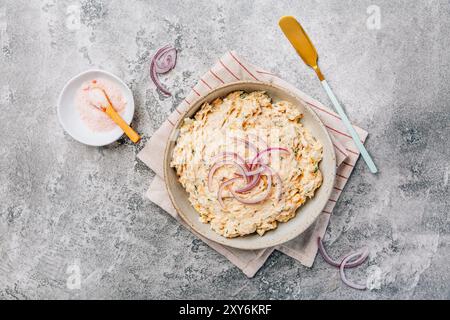 Tartinade au thon et aux œufs maison, rillettes de poisson aux oignons rouges Banque D'Images