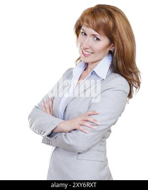 Portrait d'une jeune femme d'affaires attrayant en costume gris Banque D'Images