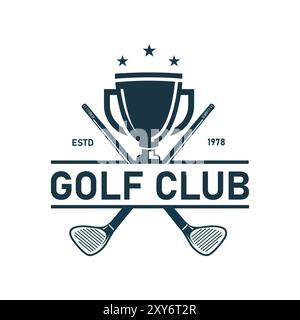 Logo vectoriel rétro vintage avec design Trophy, deux clubs de golf croisés et trois étoiles sur le dessus Illustration de Vecteur