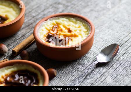 Gâteau de riz cuit au four dessert laiteux turc sutlac dans une casserole avec des bâtonnets de cannelle et des noisettes hachées Banque D'Images