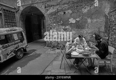 Allemagne, Berlin, 27 juin 1991, Oranienburger Strasse, 2e cour arrière, pique-nique dans l'arrière-cour, Europe Banque D'Images