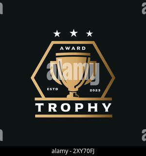 Logo de trophée de récompense avec un design élégant de trophée de couleur or en forme d'hexagone, accompagné de trois étoiles. Ce logo est parfait pour une utilisation dans un événement de récompense Illustration de Vecteur
